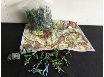 Lot Of Vintage Small Army Guys,play Mat And 2 Trucks