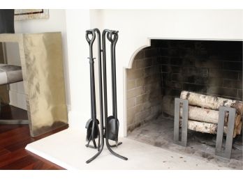 Wrought Iron Fireplace Tool Set And Contemporary Log Holder