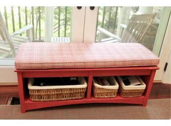 Go To Your Room Custom Made Red Bench With Plaid Cushion And Baskets (RETAIL $550)
