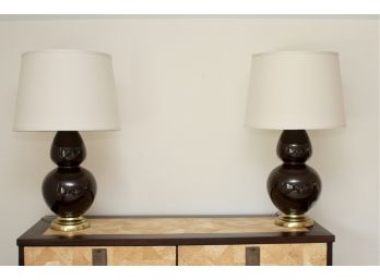 Pair Of Chocolate Brown Gourd Lamps With Linen Shades Purchased From Dovecote (RETAIL $810)