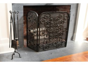 Decorative Wrought Iron Fireplace Mesh Screen + Five Piece Wrought Iron Tool Set