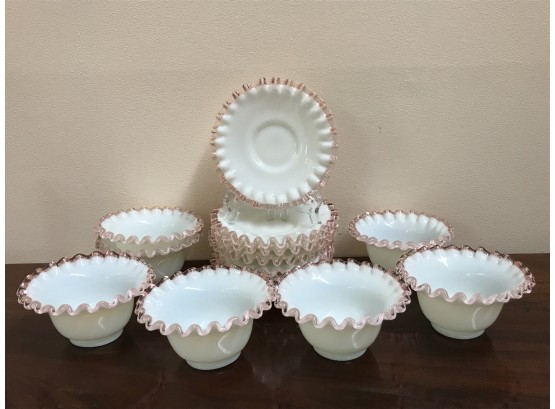 Fenton Pink And White Ruffled Bowls And Saucers