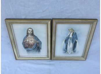 Pair Vintage Jesus And Mary Pictures