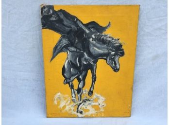 Signed Painting Dark Horse Yellow Background
