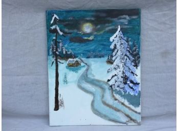 Winter Scene Painting Cabin In The Woods Bright Moon