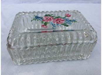 Cut Glass Dish W/Lid, Hand Painted Flowers