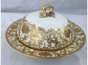 Nippon Hand Painted Gold And White Covered Dish W/ Handled Lid