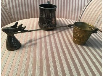Interesting Lot Including Wilcox Silverplate Baby Cup And Brass Deer Head Candle Snuffer