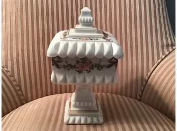 “Roses And Ribbons” Westmoreland Covered Milk Glass Pedestal Bowl