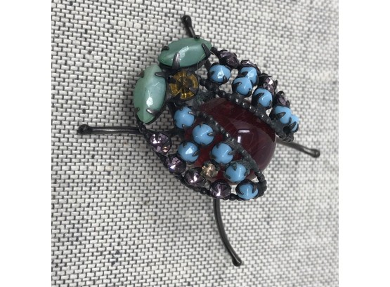 Exceptional Antique BEETLE Brooch Red Glass Marble Belly, Blue & Green Milk Glass Rhinestone