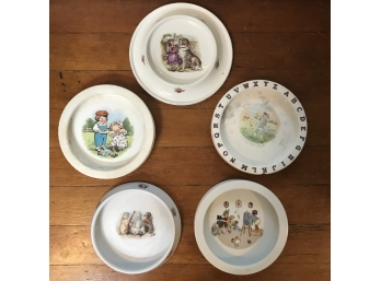 Lot/5 Antique Children's Plates, Bowls Porringers Including Buffalo China & Dolly Dingle