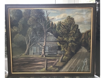 Vintage Landscape With Log Cabin Painting, Oil On Canvas Signed DEGRAS