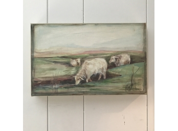 Grazing Sheep Painting On Canvas - Signed