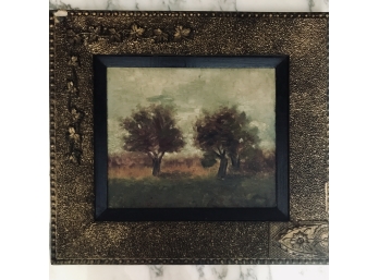 Antique Impressionist Landscape In Gilded Gesso & Wood Craft Movement Frame