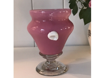 Vintage Murano Vase In Pink Opaline Glass W White Knobs & Clear Base.