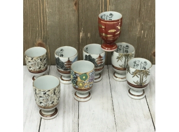 Set/8 Antique TAISHO 1913-1926 JAPANESE KUTANI Hand Painted Sake Cups Goblets