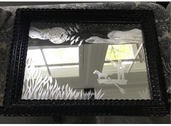 Unusual Vintage Mirror ~ Etched With Hunting Scene In Tramp Art Frame