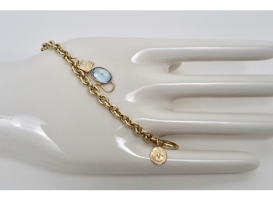 14K Yellow Gold Link Bracelet With Aqua Marine Cat Charm And Amethyst Toggle Clasp (Weight: 16g)