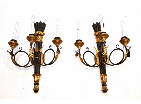 Pair Of Neo Classical Ebonized Three Arm Gold Gilded Hand Carved Wood Sconces