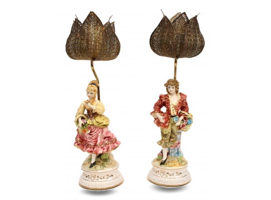 Pair Of Figural Porcelain Lamps With Pierced Metal Tulip Shades
