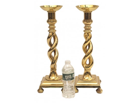 Pair Of LARGE Twisted Brass Pillar Candle Holders
