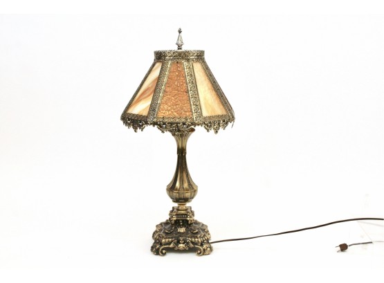 Antique Victorian Filigree Brass Lamp With Slag Glass Shade