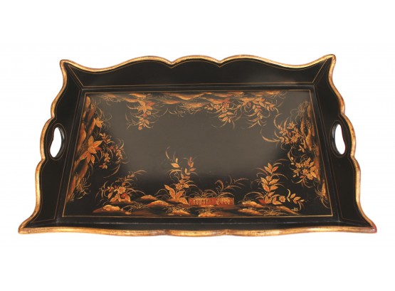 Hand Painted Asian Themed Tray With Gold Leaf