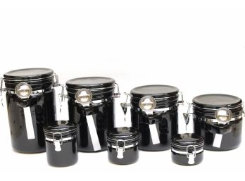 NEW! Set Of Seven Black And Chrome Canister Jars