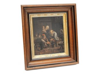 German School Antique 18th/19th Century Oil On Copper 'The Pedicure' Painting In Wooden Frame