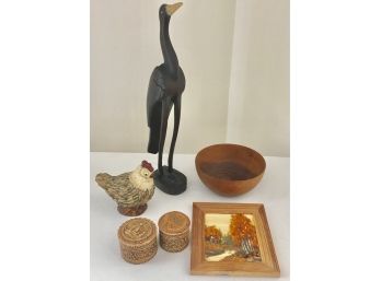 Misc. Wood Objects Lot - Signed Bowl, Hand Carved Boxes,  Bird