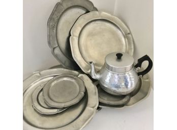 Vintage Pewter Plates & Hammered Aluminum Teapot - Service For Four