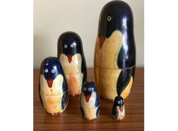 Lacquered Wood Penguin Nesting Doll Set