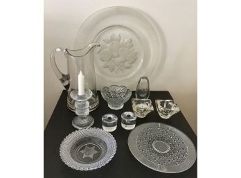 Vintage Glass Lot- Platter, Pitchers, Vases, Candle Holders  11 PCS