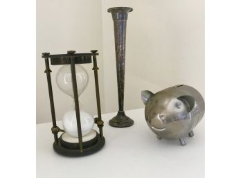 Vintage Lot- Brass Hour Glass, Sterling Silver Bud Vase & Metal Piggy Bank