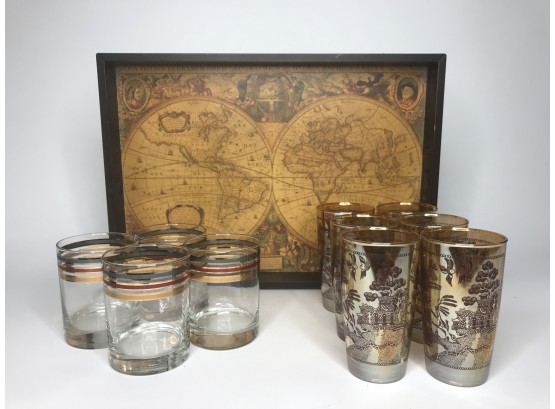 Vintage Glasses And Wood Serving Tray