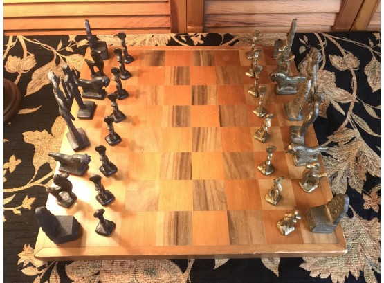 Wood Chess Board And Unique Metal Pieces
