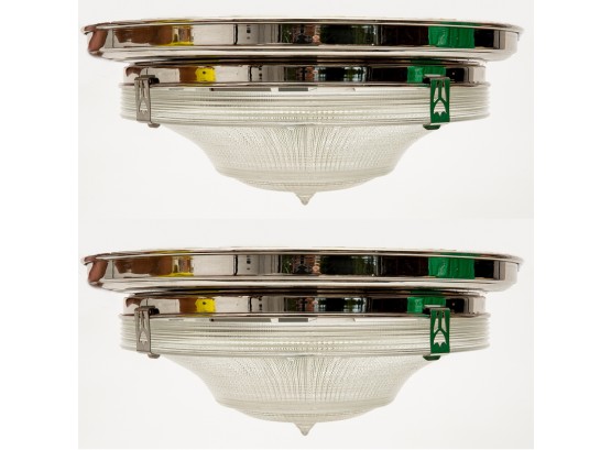 Pair Of Flush Mount Industrial Holophane Glass Ceiling Fixtures With Chrome Trim