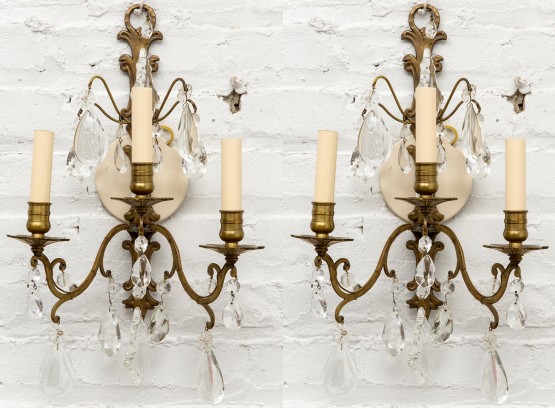 Pair Of Antique Crystal Electrified Wall Sconces