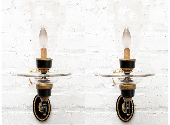 Pair Of Eagle Design Electric Wall Sconces With Hurricane Shades