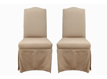 Pair Of Skirted Tan Check Dining Chairs