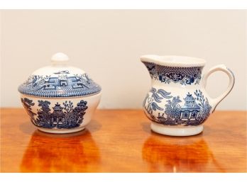 Churchill Blue & White Porcelain Sugar Bowl & Creamer