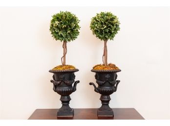 Pair Of Planters With Faux Topiary Boxwoods