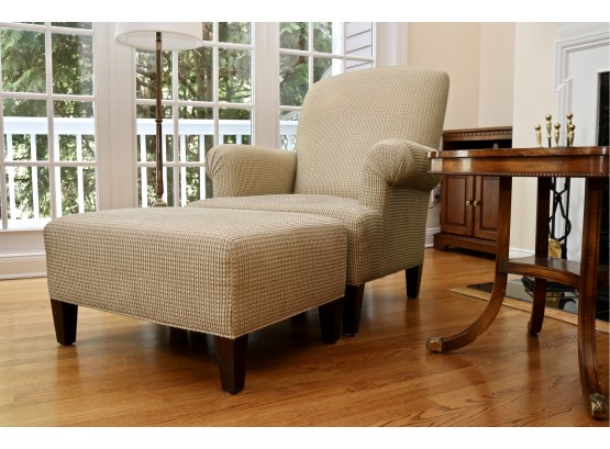 Tone On Tone Neutral Check Upholstered Pleated Rolled Arm Chair With Tapered Legs And Matching Ottoman