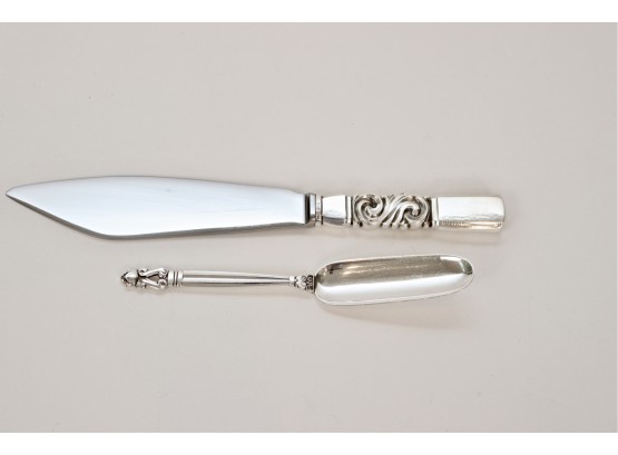 Set Of 2 Georg Jensen Denmark Sterling Silver Cake Knife And Sterling Silver Rectangular Spoon