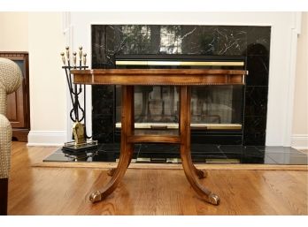 Banded Oval Scalloped Side Accent Table With Ornate Brass Style Footings