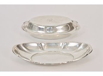 Set Of 2 Covered Gorham Sterling Silver Monogramed R Oval Dish With Handles And Oval Gorham Standish Plate