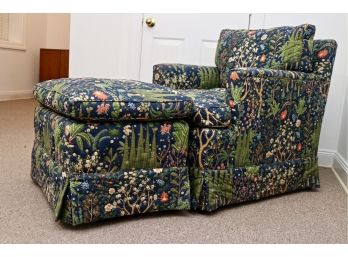Quilted Navy Floral Cushion  Skirted Arm Chair And Matching Castered Ottoman