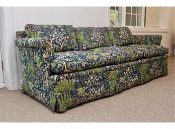 Country Quilted Navy Floral Three Cushion  Skirted Sofa