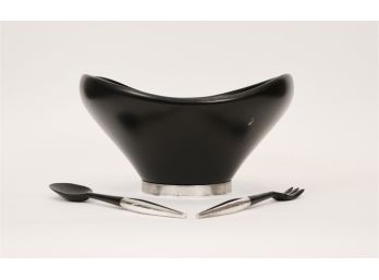 Richard Goodson Sterling Silver And Dark Wood Salad Serving Bow With Silver Tipped Serving Utensils
