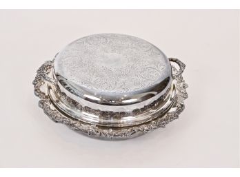 Silver On Copper Elaborate Round Deep Serving Dish With Lid